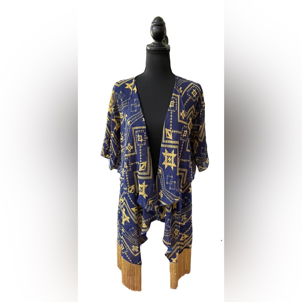LuLaRoe: Navy Blue and Yellowish Gold Semi Sheer Cardigan with Fringe Trim